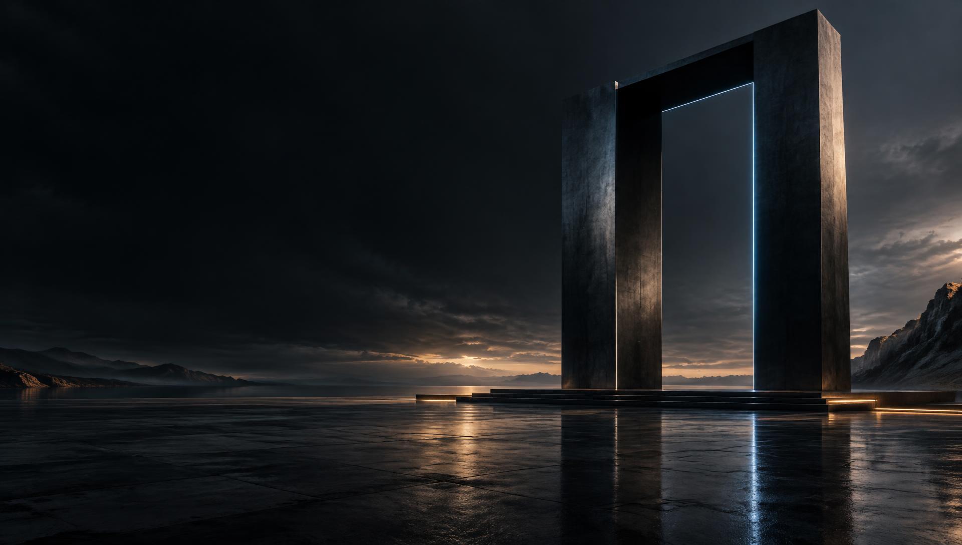 A monumental open graphite architectural aperture on a reflective horizon